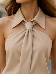 Elegant Beige Sleeveless Tie-Neck Blouse with Ruffled Hem - Chic Solid Color Shirt for Women, Perfect for Travel & Vacation Outfits, Versatile Fashion Piece, Sophisticated Design, Highquality Fabric