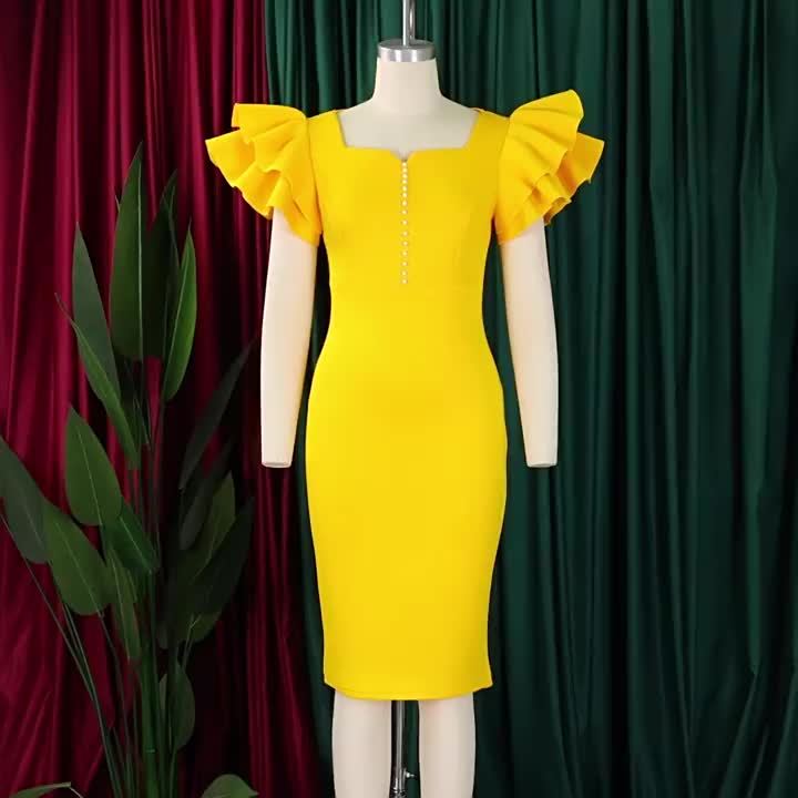 SHOWLU FASHION square neck ruffle sleeve bodycon midi dress, perfect for parties, in a stylish, fitted design with ruffle details.