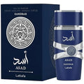 Lattafa Asad Zanzibar Blue Edition men's Eau de Parfum spray in a sleek 3.4 oz bottle, featuring a vibrant blue design.