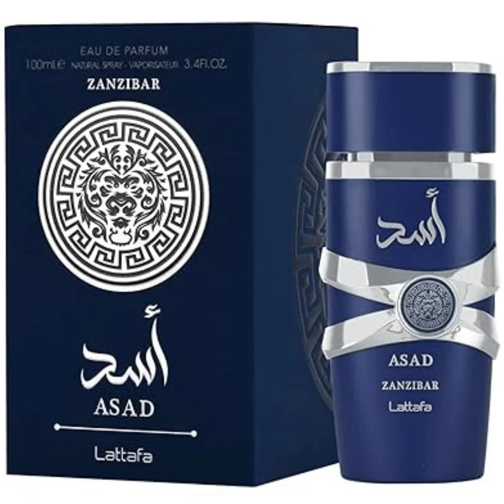 Lattafa Asad Zanzibar Blue Edition men's Eau de Parfum spray in a sleek 3.4 oz bottle, featuring a vibrant blue design.