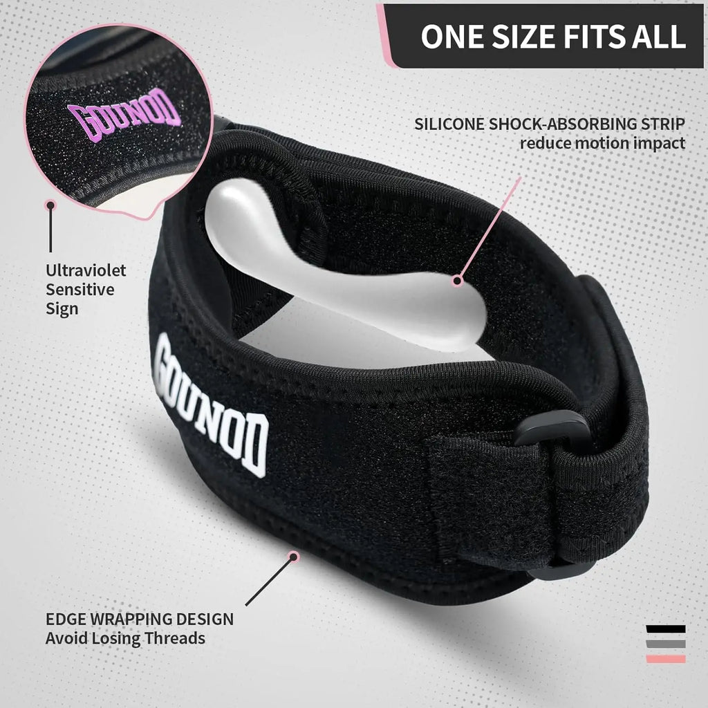 Pair of adjustable GOUNOD knee straps for running and sports, designed to provide pain relief and support during physical activity.