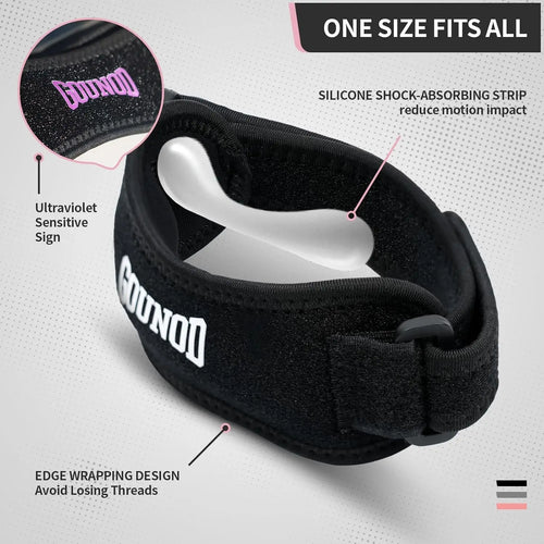 Pair of adjustable GOUNOD knee straps for running and sports, designed to provide pain relief and support during physical activity.