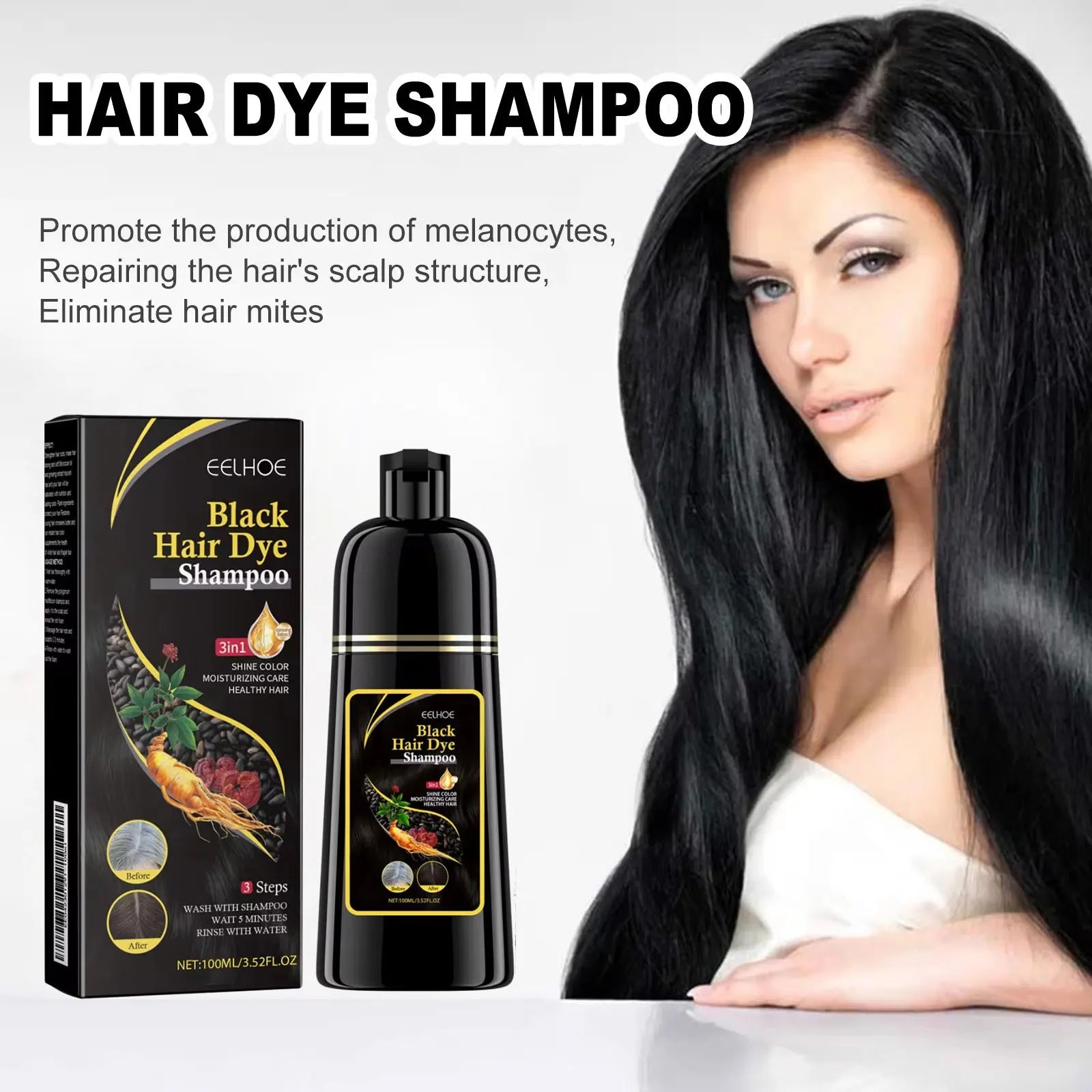 EELHOE 3-in-1 Black Hair Dye Shampoo by SHOWLU FASHION STORE, showing the bottle and herbal ingredients for natural grey hair coverage.