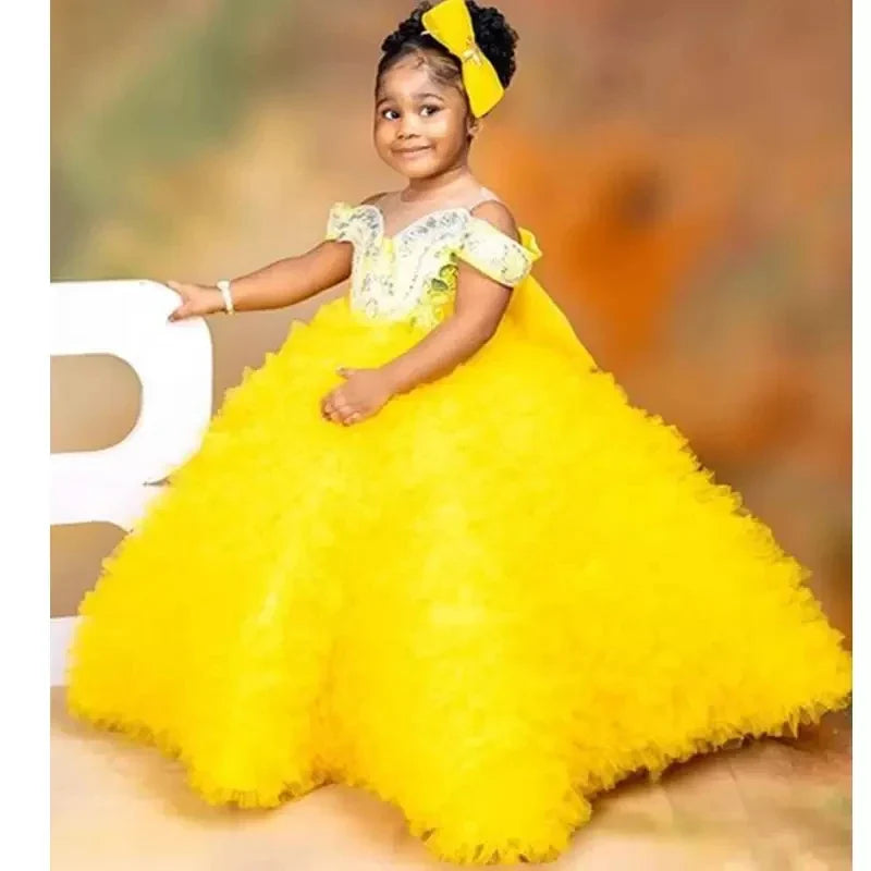 Yellow flower girl dress by SHOWLU FASHION STORE featuring beaded ball gown design, perfect for weddings and special occasions.
