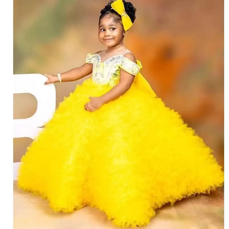 Yellow Golden Flower Girl Dresses for Wedding Customized Bead Ball Gown Kids Birthday Party Gowns Crystal Toddler Pageant Wears