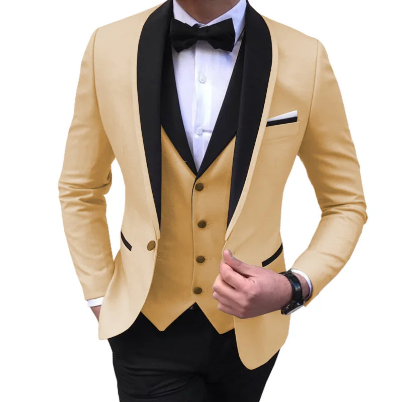 Blue men's 3-piece suit featuring a blazer, vest, and pants with a slit design, suitable for weddings and formal occasions by Showlu Smart General.