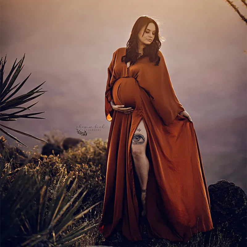 Showlu Boho Maternity Photography Dress with V-neck, lace details, and slit, perfect for maternity photo shoots.