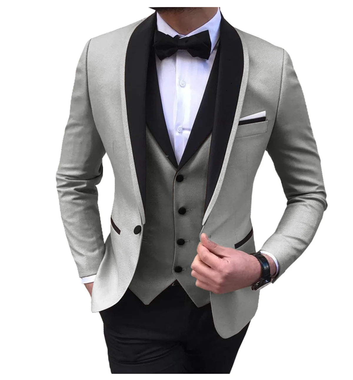 Blue slit men's 3-piece tuxedo with shawl lapel, blazer, vest, and pants, ideal for wedding groomsmen by Showlu Smart General.