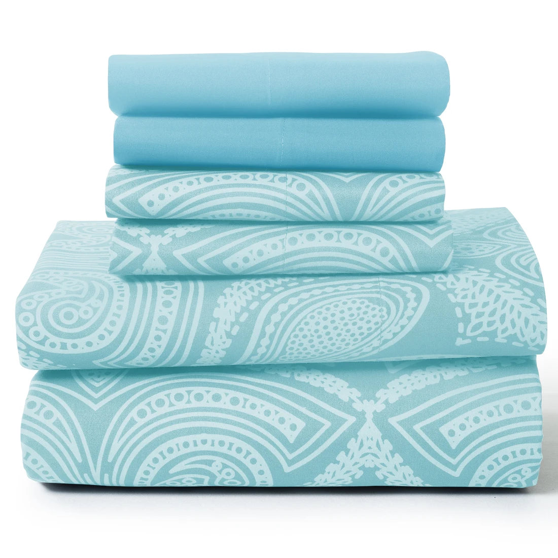 Lux Decor Paisley 6-piece queen sheet set featuring soft microfiber bedding with intricate paisley patterns on a bed.