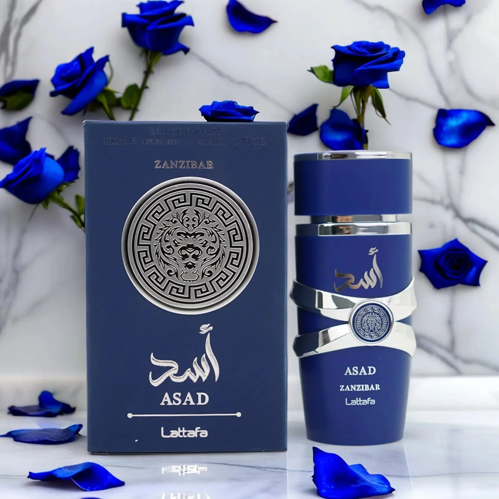 Lattafa Asad Zanzibar Blue Edition men's Eau de Parfum spray bottle with blue accents, 3.4 oz, stylish packaging.