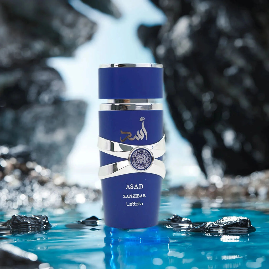 Lattafa Asad Zanzibar Blue Edition men's Eau de Parfum spray in 3.4 oz bottle, featuring a sleek design and blue accents.