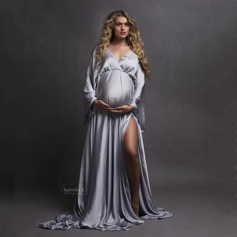 Showlu Boho maternity photography dress with V-neck, lace details, and slit for photo shoots, perfect for expecting mothers.