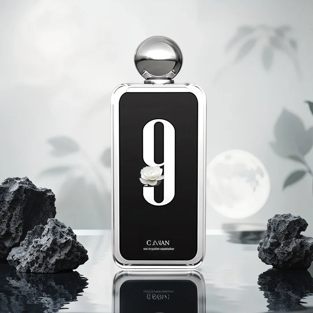 Afnan 9 PM Extrait de Parfum for Men, 100ml, featuring a sleek glass bottle with floral fragrance notes visible.