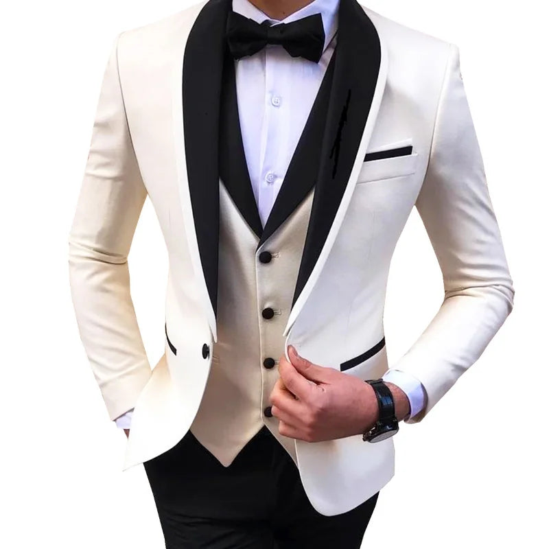 Blue slit men's 3-piece suit by Showlu Smart General with black shawl lapel, including blazer, vest, and pants, for wedding groomsmen