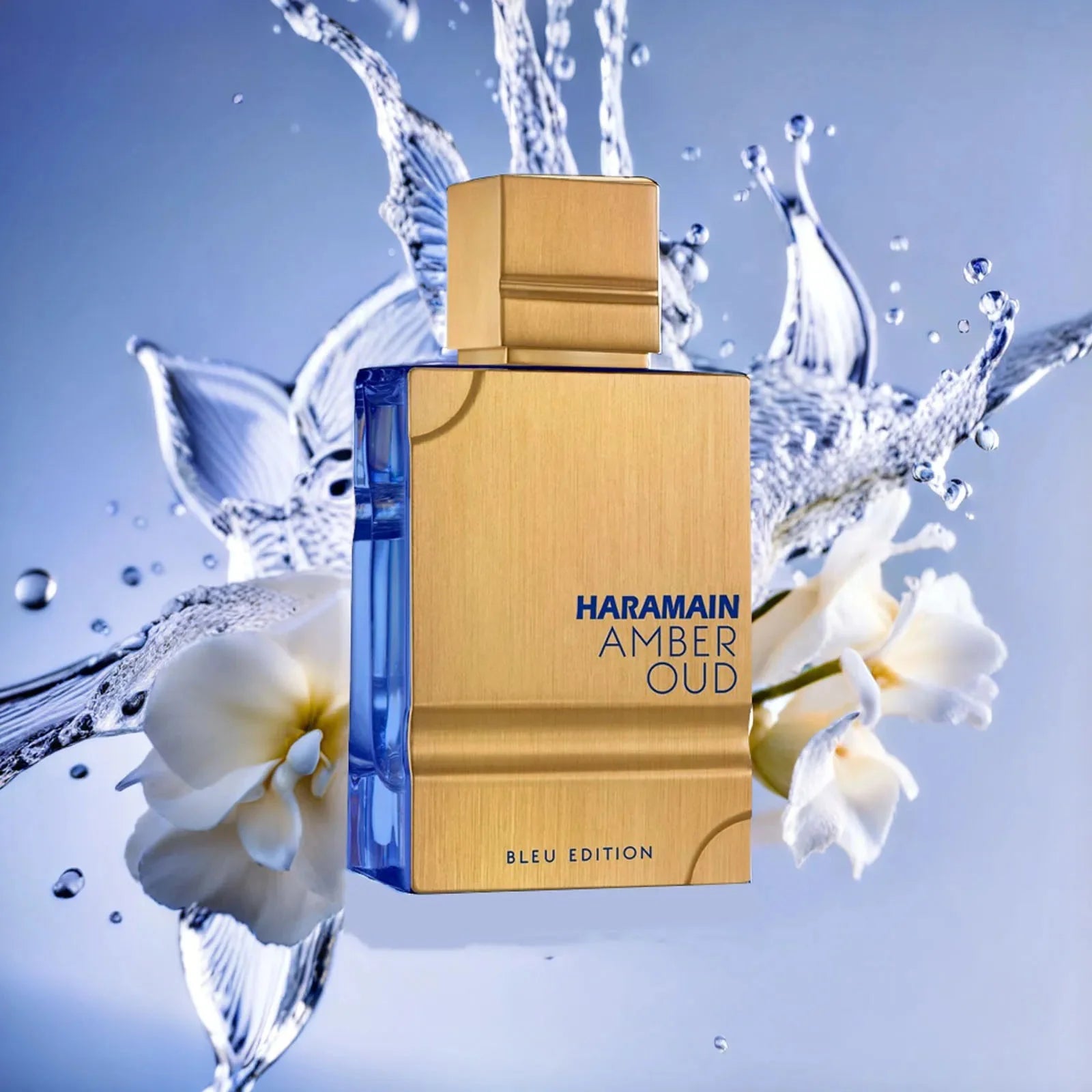 Al Haramain Amber Oud Blue Edition unisex EDT spray bottle, 2oz/60ml, with elegant packaging and blue accents.