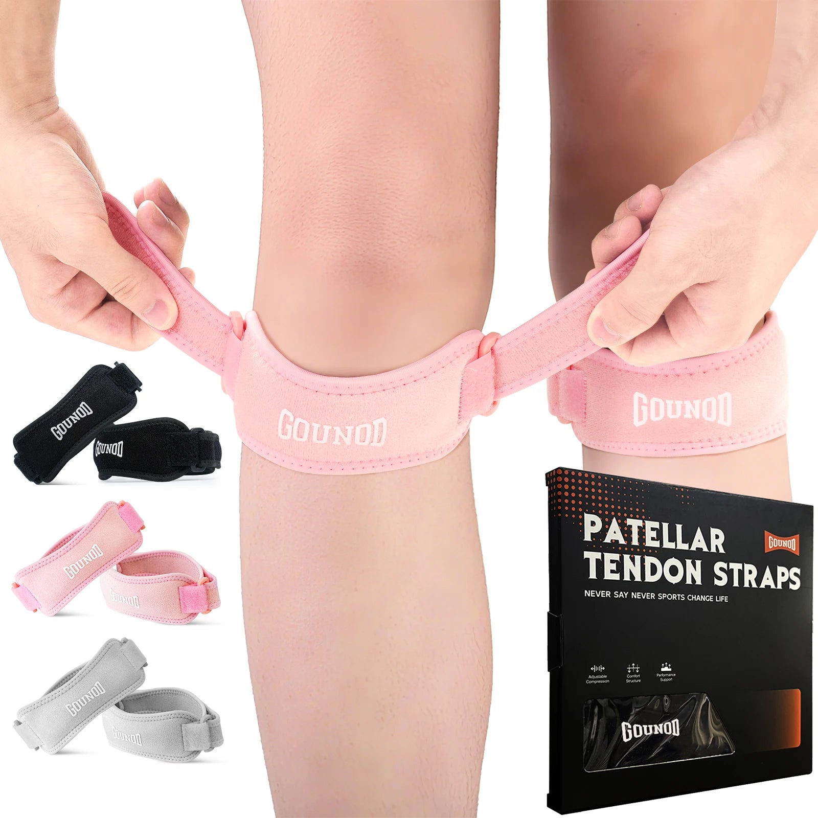 Pair of GOUNOD adjustable knee straps for running and sports, providing pain relief and support during physical activities.