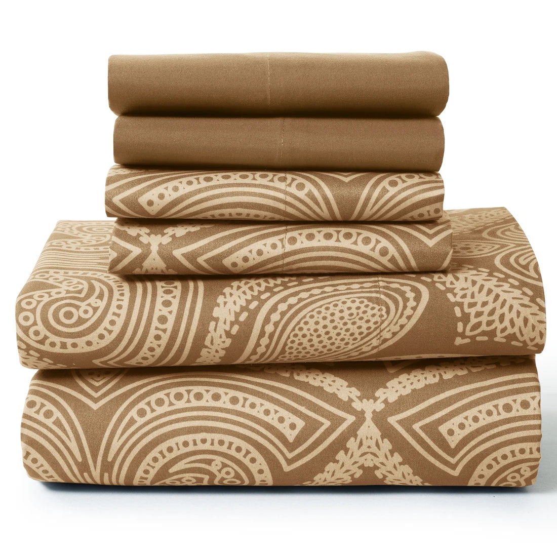 Lux Decor Paisley 6-piece queen sheet set featuring soft microfiber bedding with a paisley pattern on a bed with pillows.
