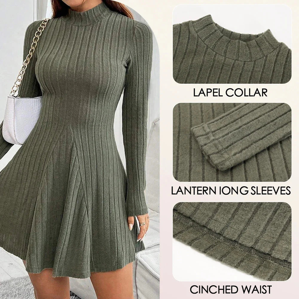 Mia Muse women's long sleeve mock neck A-line mini casual dress in black, shown on a model with a simple background.
