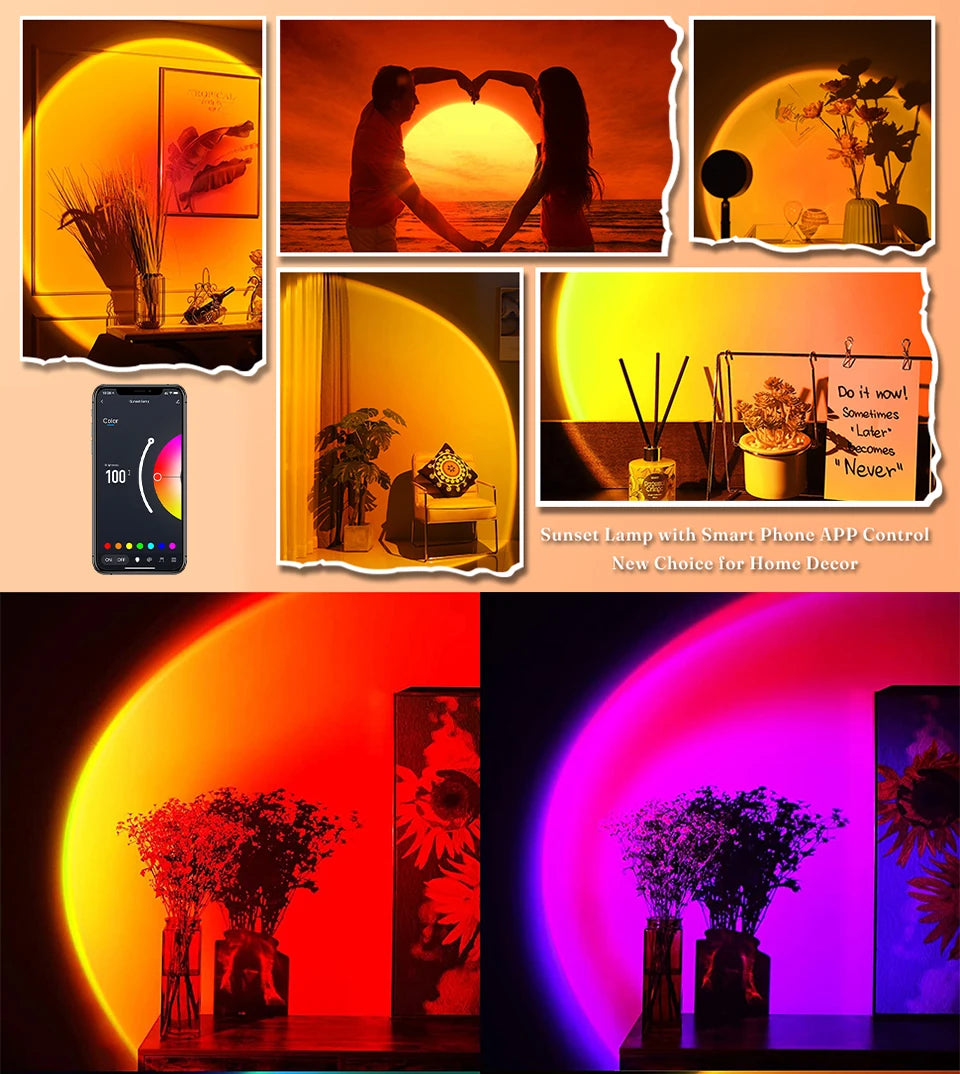 Smart Sunset Projection Lamp by Showlu Fashion Store projecting warm sunset colors onto a room wall.