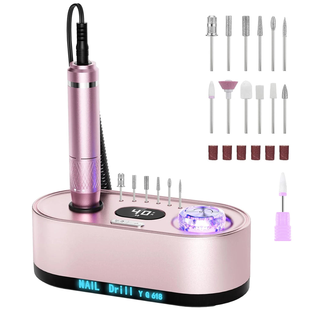 Showlu Smart General electric nail drill, 20W portable manicure machine with 12V power, shown with drill bits and control panel.