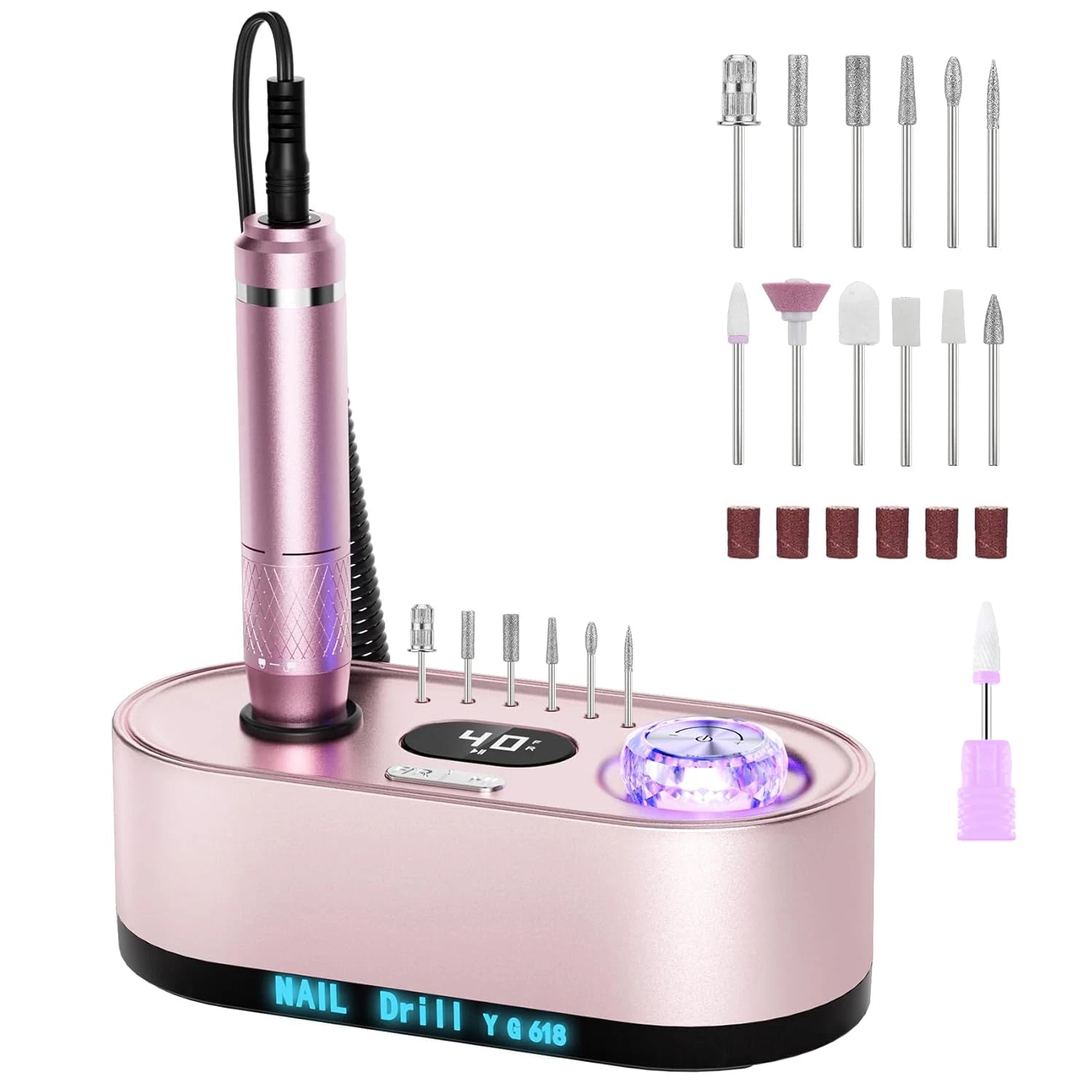Showlu Smart General electric nail drill, 20W portable manicure machine with 12V power, shown with drill bits and control panel.