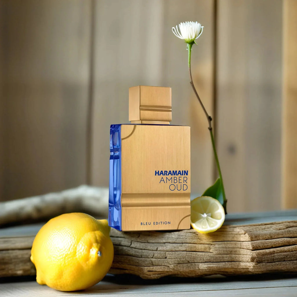 Unisex Al Haramain Amber Oud Blue Edition EDT spray in 2oz/60ml bottle, featuring luxurious amber and oud fragrance.