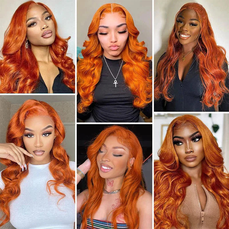 SHOWLU FASHION STORE ginger orange body wave 13x6 lace front human hair wig displayed on a mannequin head.
