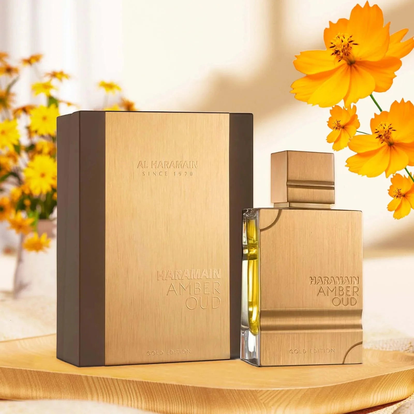 Al Haramain Gold Eau De Parfum in 2oz, amber and vanilla unisex fragrance with elegant bottle design.