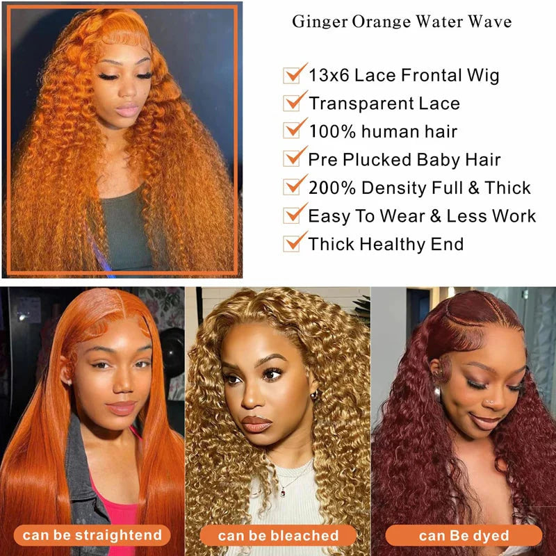 SHOWLU FASHION STORE UKOWN Ginger Orange Water Wave 13x6 lace front human hair wig displayed on a mannequin head.