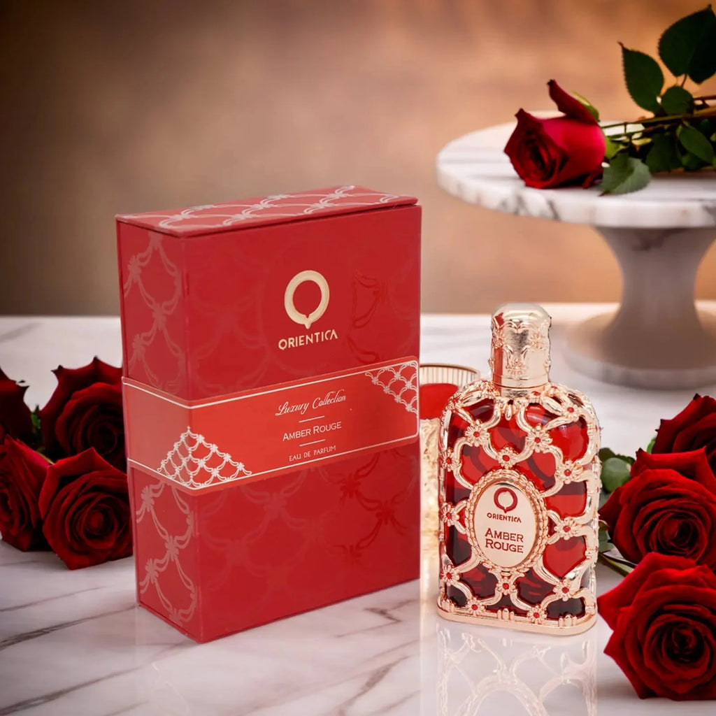 Orientical Royal Amber Rouge perfume for women, 2.7oz floral EDP bottle with elegant design and amber-colored accents.