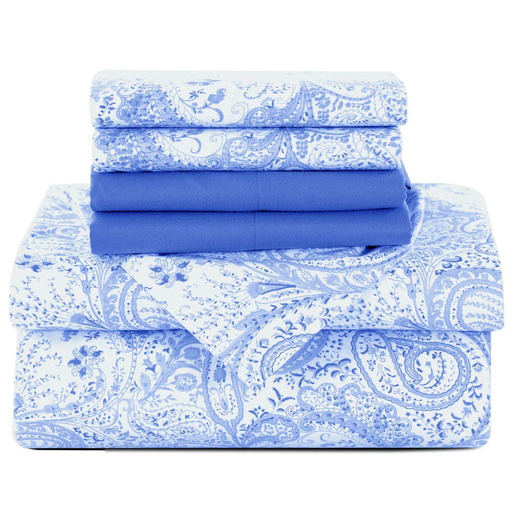 Lux Decor Paisley 6-piece queen sheet set in soft microfiber bedding with paisley pattern on a neatly made bed.
