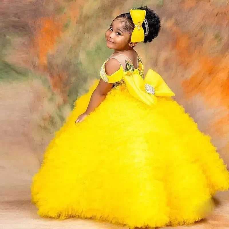 Yellow flower girl dress by SHOWLU FASHION STORE with beaded ball gown design, perfect for weddings and special occasions.