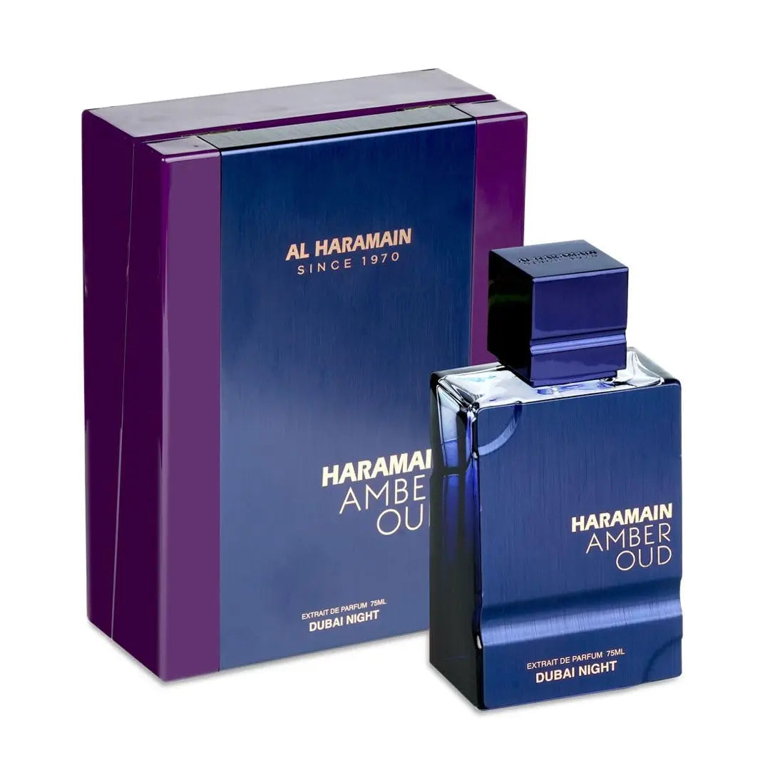 Al Haramain Amber Oud Dubai Night extrait de parfum bottle, 60ml, with elegant packaging and amber-colored fragrance liquid.