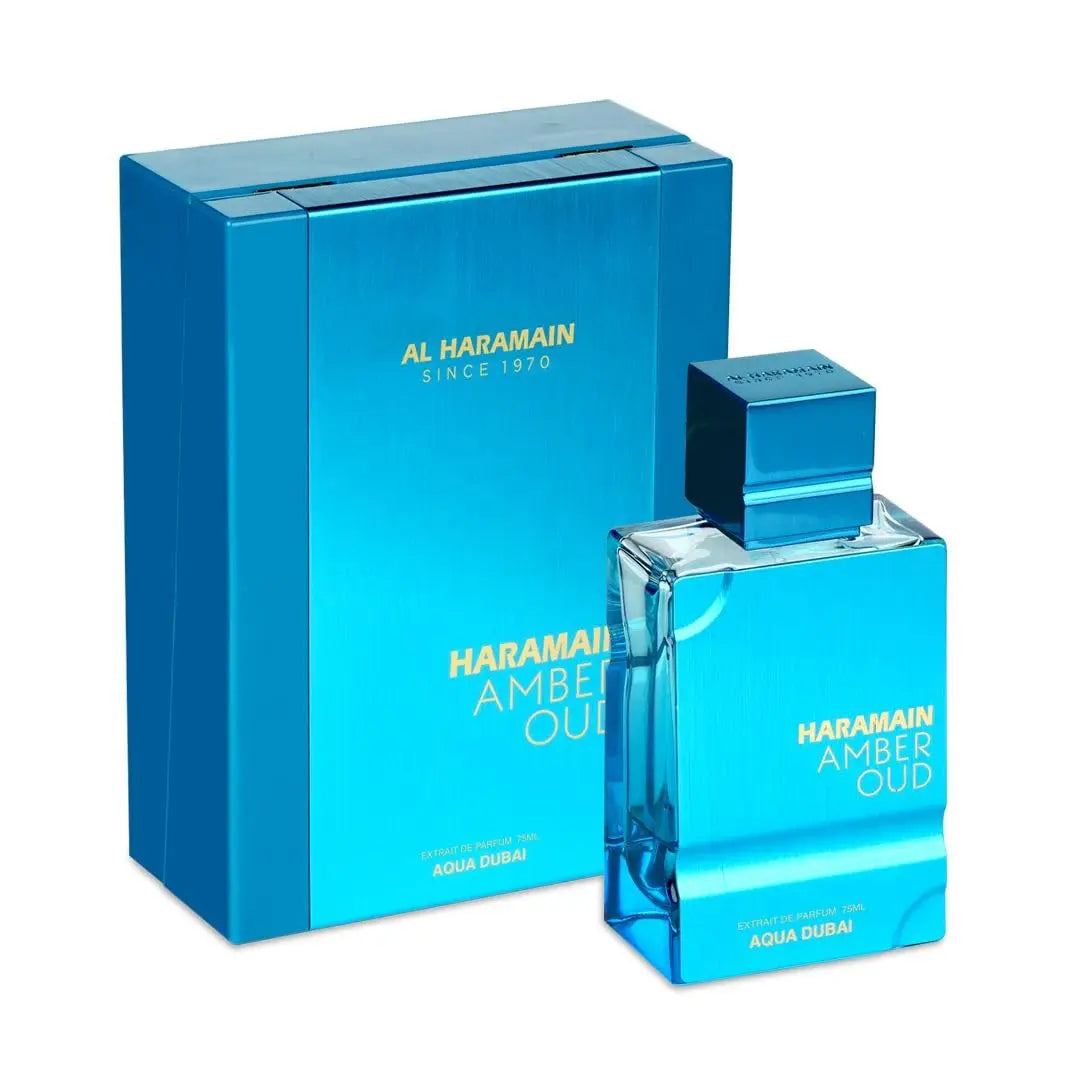 Al Haramain Amber Oud Aqua Dubai perfume bottle, 60ml, with elegant packaging and amber-colored fragrance liquid.