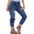 SHOWLU Women's distressed skinny cargo jeans with stretch denim, featuring a trendy, fitted silhouette and rugged distressed details.