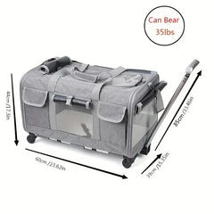 A grey, foldable pet trolley carrier with wheels and an extendable handle.