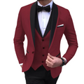 Blue slit men's tuxedo suit set with blazer, vest, and pants, featuring black shawl lapel for wedding and formal occasions.