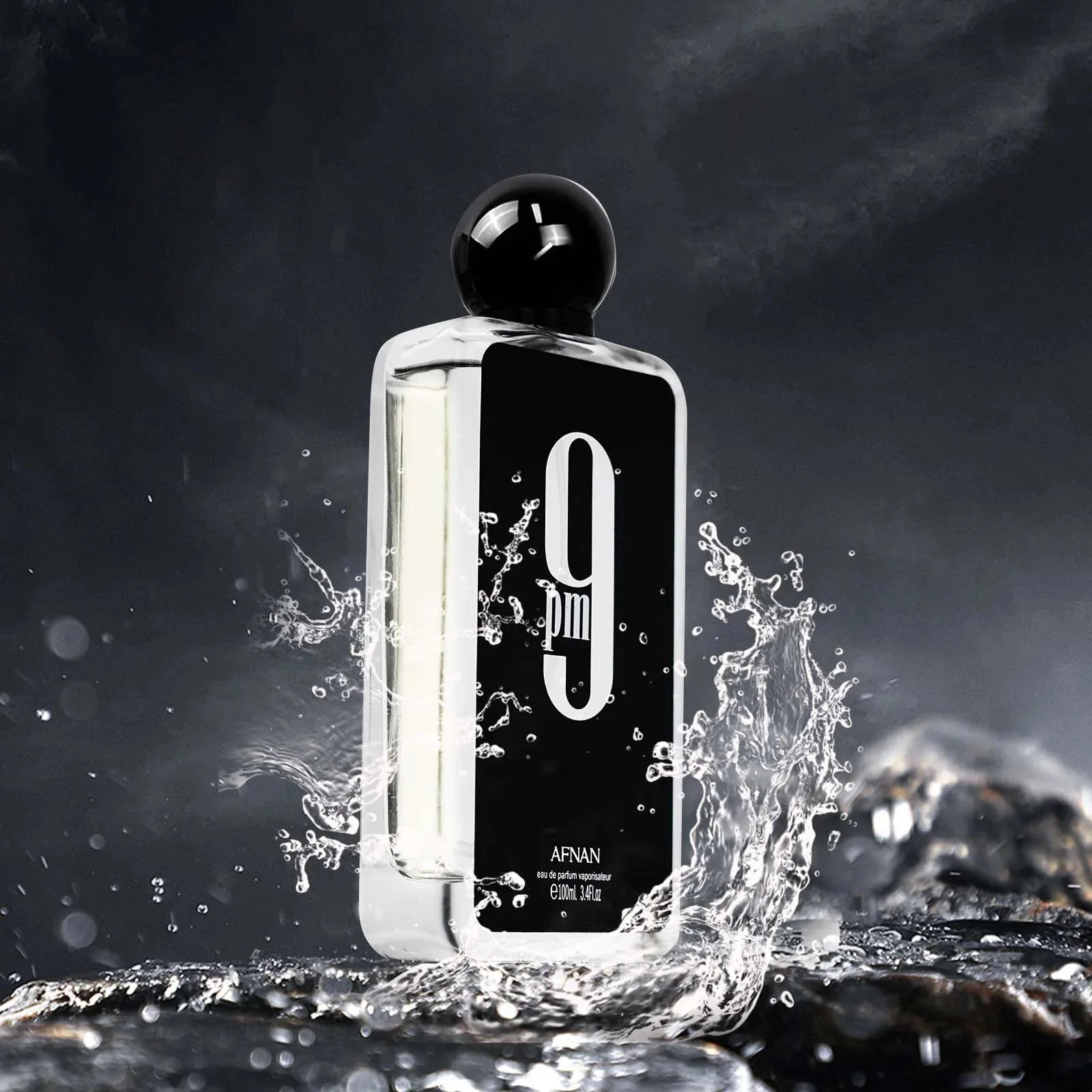 Afnan 9PM men's eau de parfum bottle with spicy scent, 3.4 oz, displayed against a neutral background.