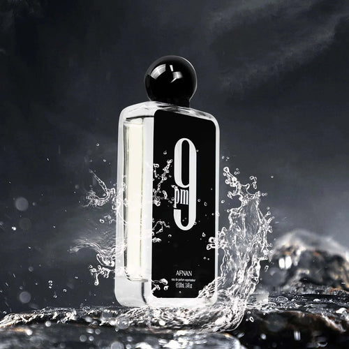 Afnan 9PM men's eau de parfum bottle with spicy scent, 3.4 oz, displayed against a neutral background.