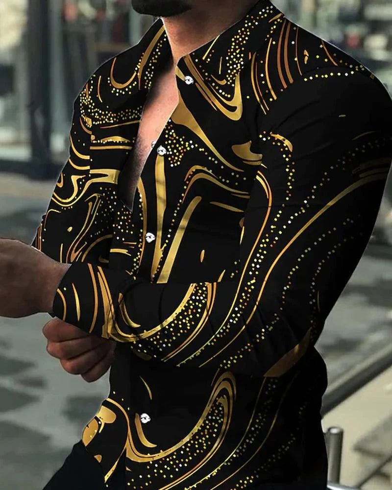 Fashion Men's Designer Starry Sky Purple Blue Gold Luxury Social Men's Shirt Lapel Large Size Casual Dot Print Long Sleeve Top