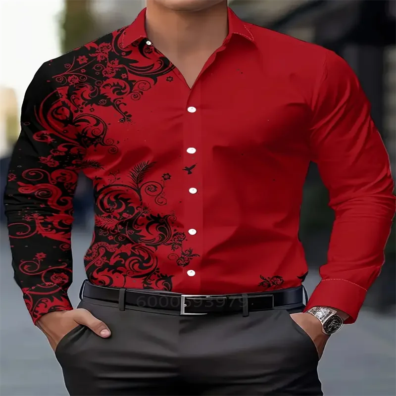 Men's printed casual long-sleeve shirt from Showlu Fashion, breathable fabric, lapel collar, suitable for spring and autumn office wear.