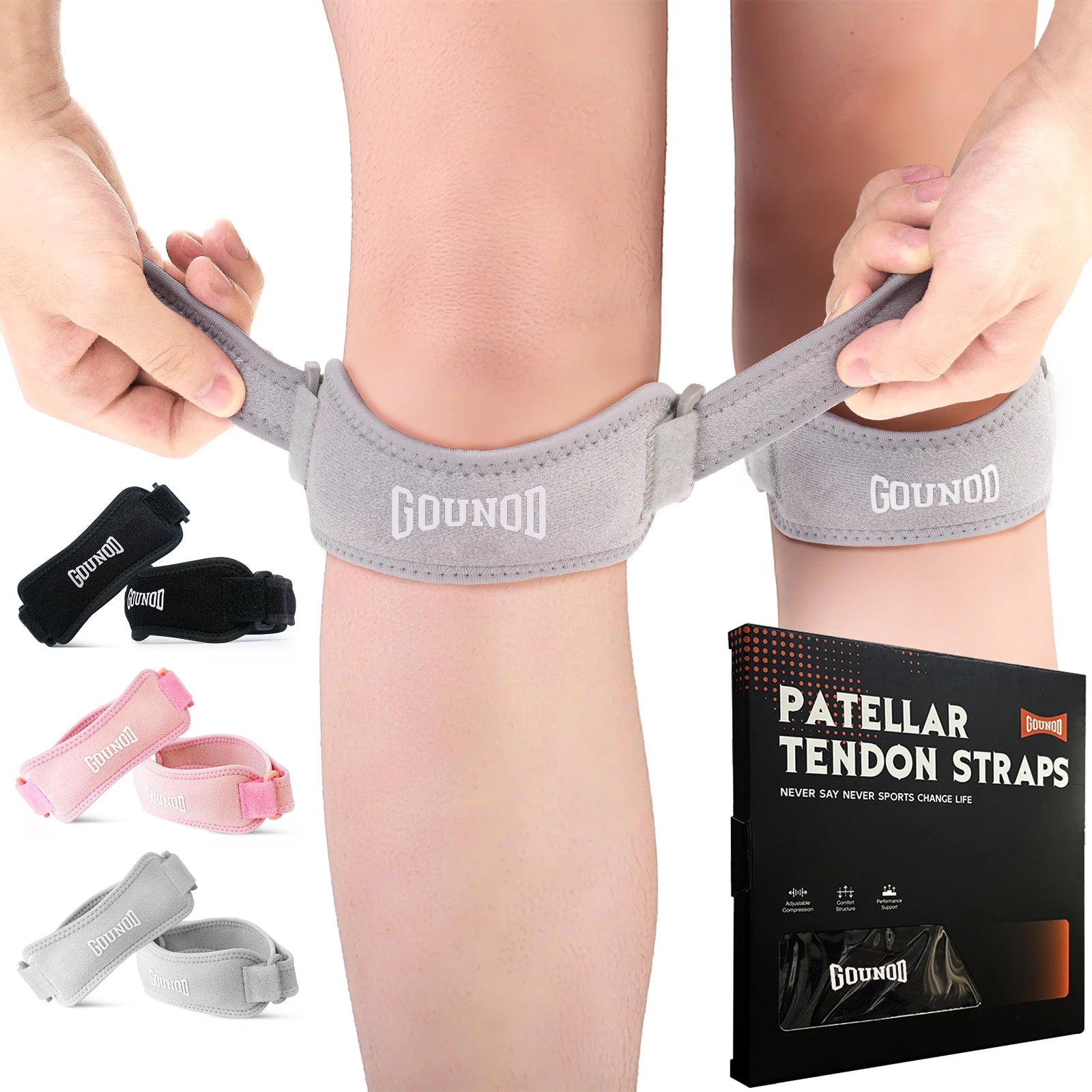 Pair of adjustable GOUNOD knee straps for running and sports, designed for pain relief and support during physical activity.