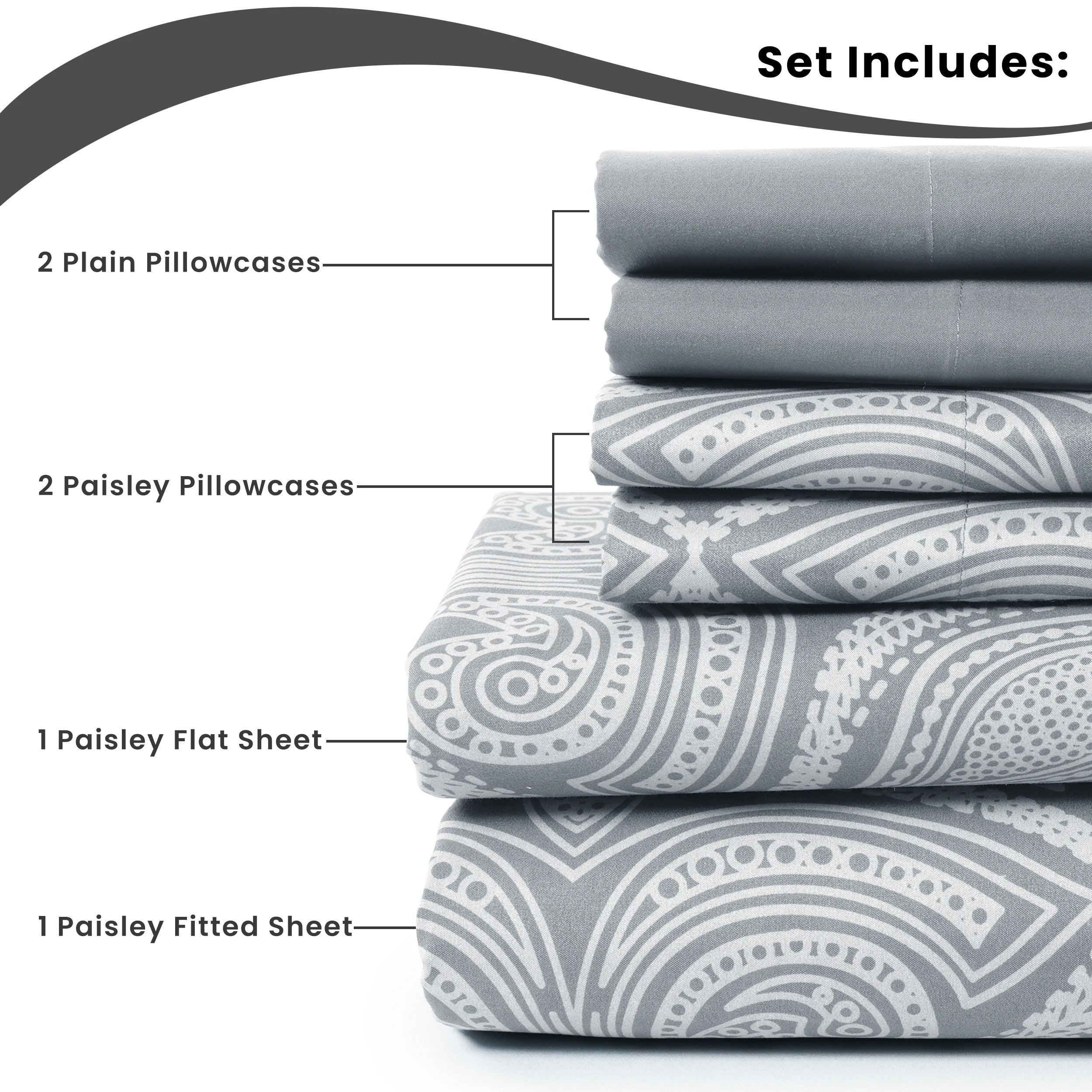 Lux Decor Paisley 6-piece queen sheet set with soft microfiber bedding, featuring paisley patterns and cozy, smooth fabric.