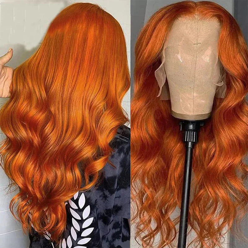 SHOWLU FASHION STORE Ginger Orange Body Wave 13x6 lace front human hair wig with natural curls and lace detail.