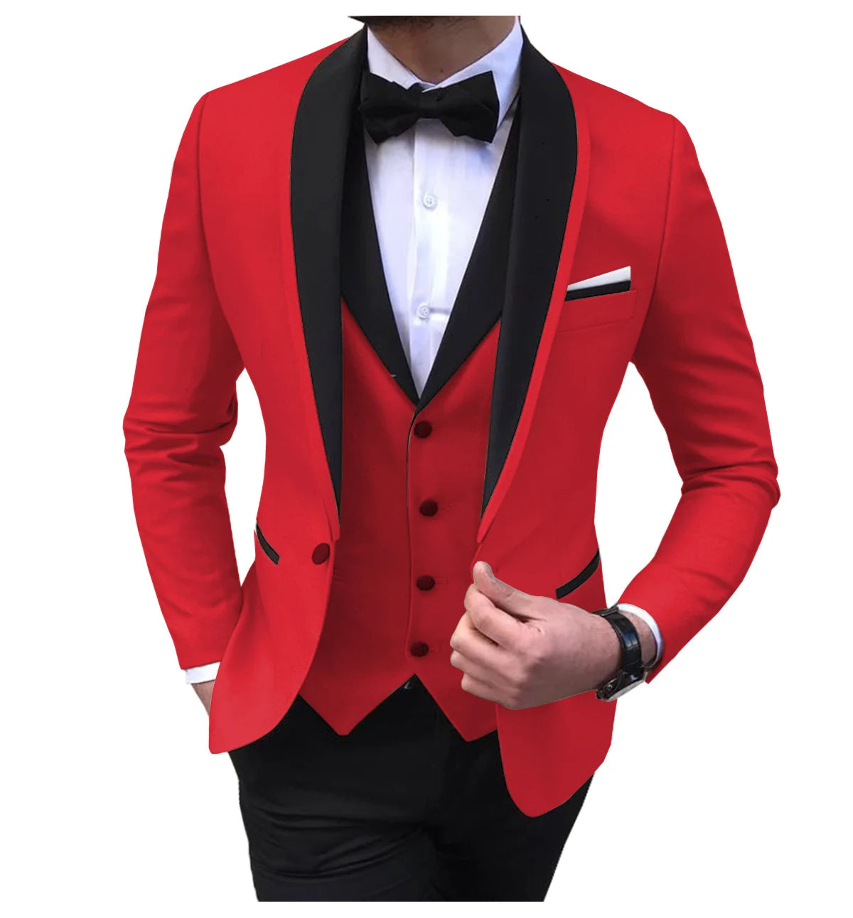 Blue men's 3-piece suit with slit design, includes blazer, vest, and pants, perfect for wedding grooms or formal occasions.