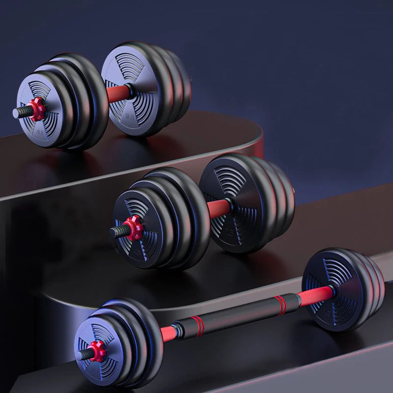 Showlu Adjustable Dumbbell to Barbell Set for strength training, featuring 44lbs of versatile weights on a workout bench