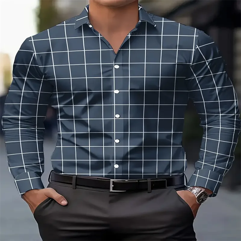 Men's long sleeve plaid shirt in print, Showlu Fashion, suitable for spring and autumn, available in XS to 6XL sizes.