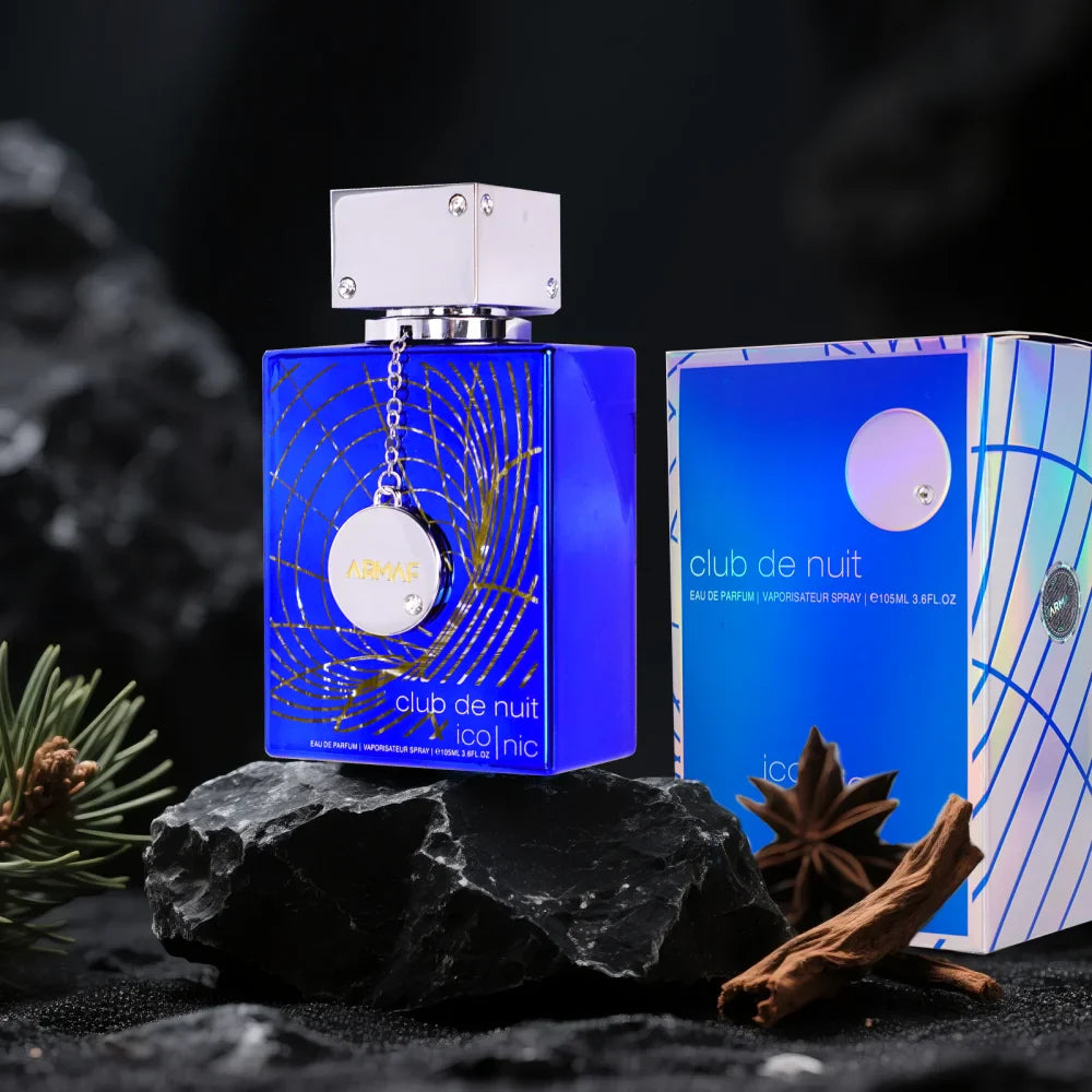 Armaf Club de Nuit Blue Iconic men's Eau de Parfum bottle, 3.6 oz, with sleek blue design and elegant packaging.