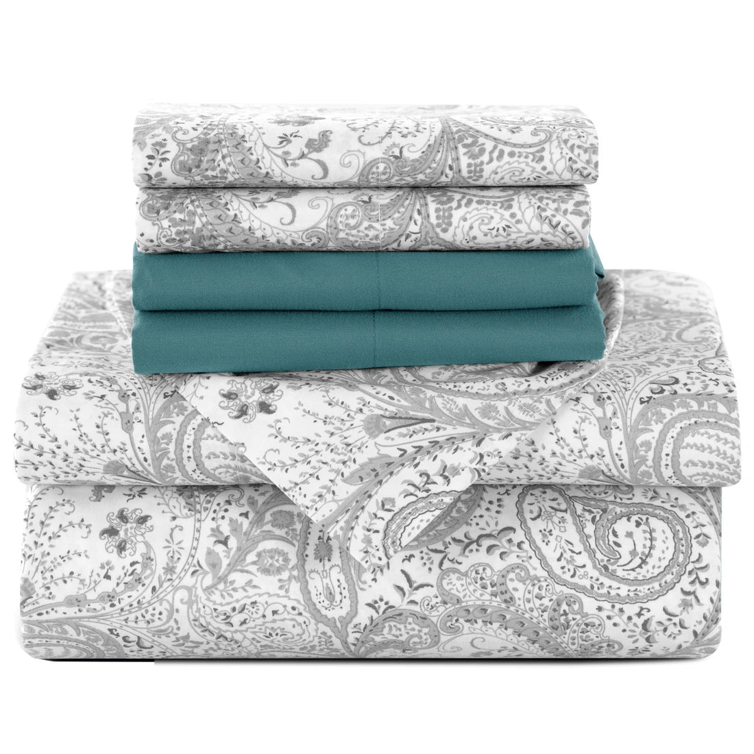 Lux Decor Paisley 6-piece queen sheet set in soft microfiber bedding with paisley pattern and matching pillowcases.