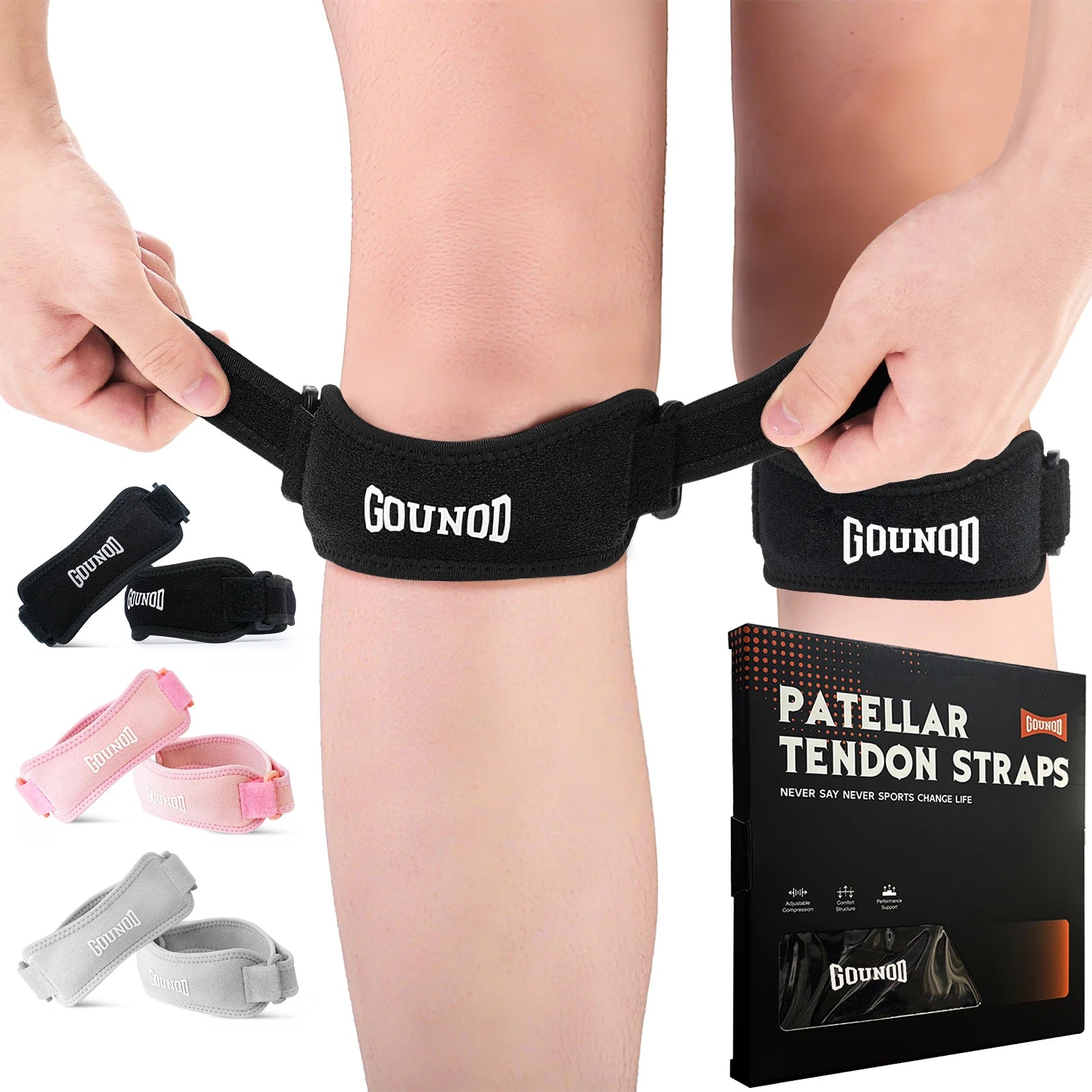 Pair of black GOUNOD knee straps for running and sports, adjustable knee support for pain relief, shown on a neutral background.